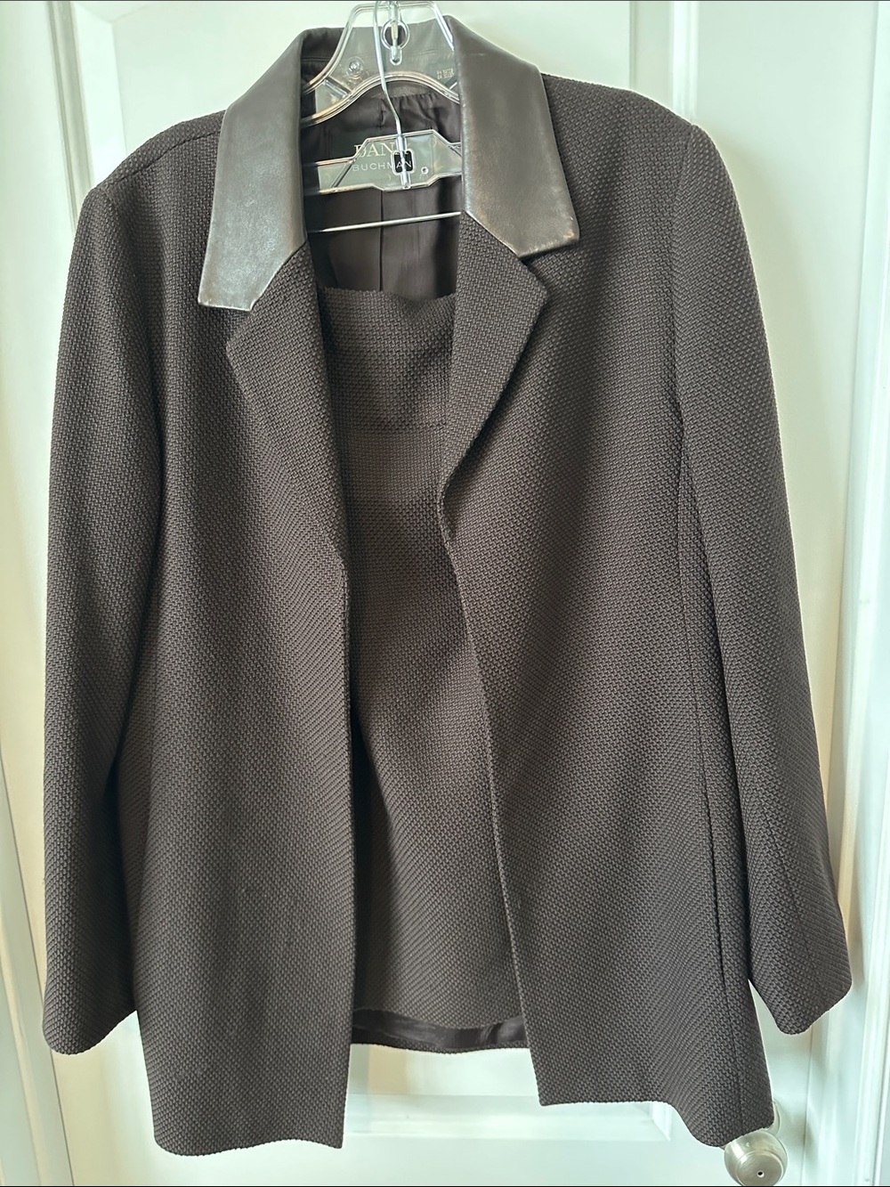 Dana Buchman Brand Brown Blazer with Real Leather Collar and matching skirt